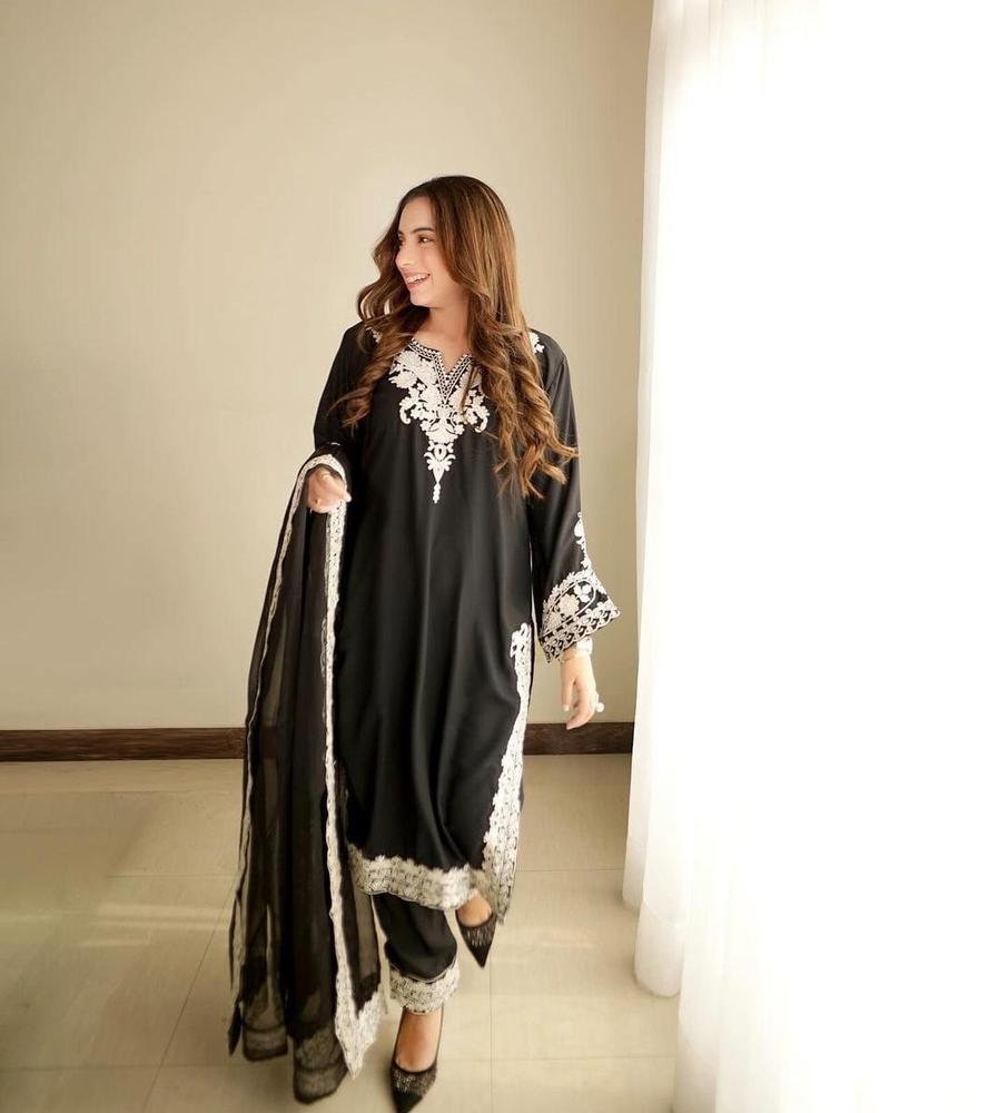 3 Pcs Women's Stitched Organza Emoridered Suit