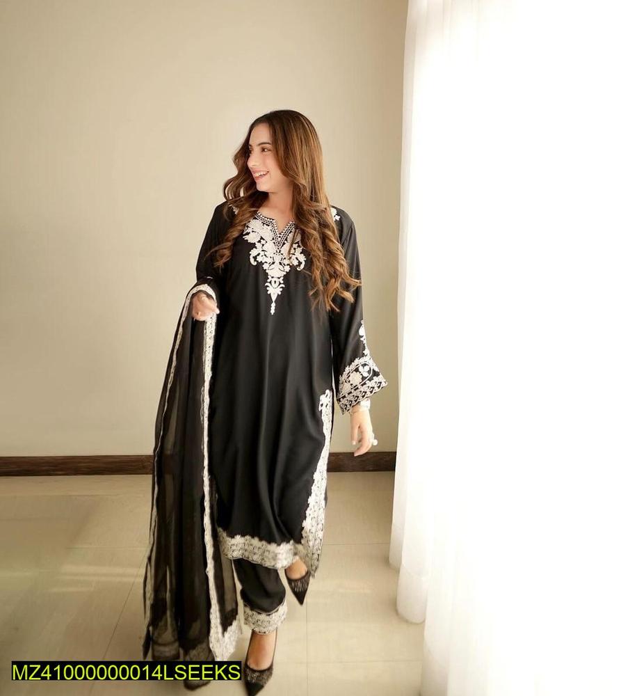3 Pcs Women's Stitched Organza Emoridered Suit