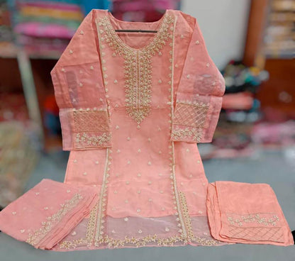 *Product Name*: Embroidered Organza Women's Suit Set - 3 Pcs in Peach