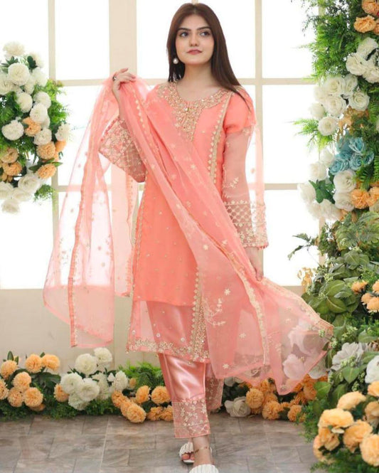 *Product Name*: Embroidered Organza Women's Suit Set - 3 Pcs in Peach