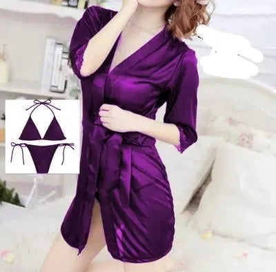 Silk Night Suit Set - 3 Pcs V-Neck Robe & Bikini Set