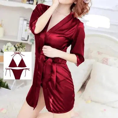 Silk Night Suit Set - 3 Pcs V-Neck Robe & Bikini Set