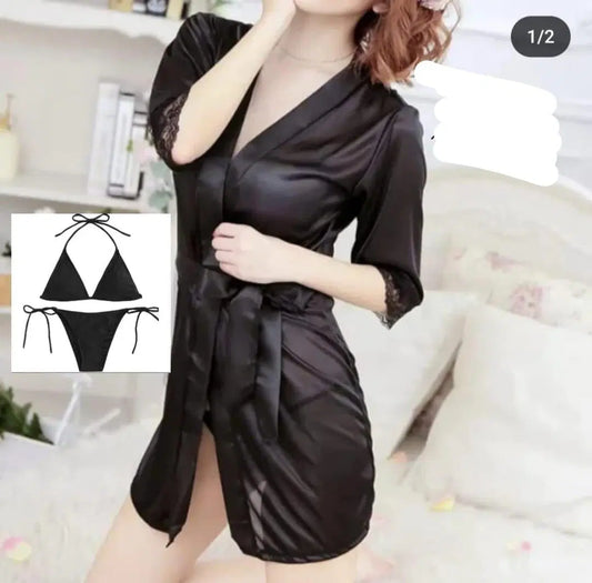 Silk Night Suit Set - 3 Pcs V-Neck Robe & Bikini Set