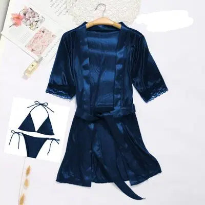 Silk Night Suit Set - 3 Pcs V-Neck Robe & Bikini Set