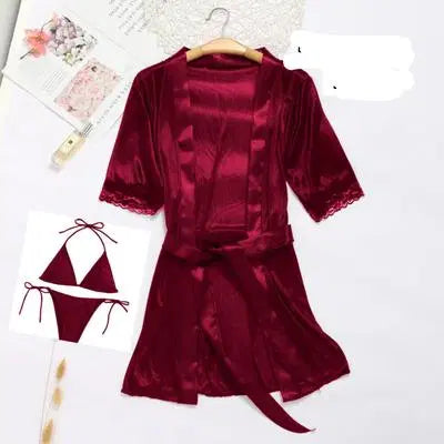 Silk Night Suit Set - 3 Pcs V-Neck Robe & Bikini Set