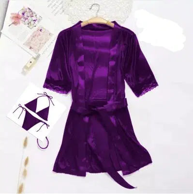 Silk Night Suit Set - 3 Pcs V-Neck Robe & Bikini Set